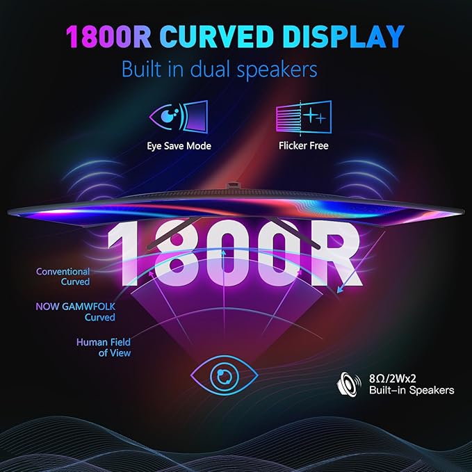24 Inch Curved Gaming Monitor 180Hz FHD 1080P Compueter Monitor 1ms Response Time Ultra-Thin Built-in Speakers Low Latency VESA G-SYNC Compatible Perfect for Esports and Competitive Gaming
