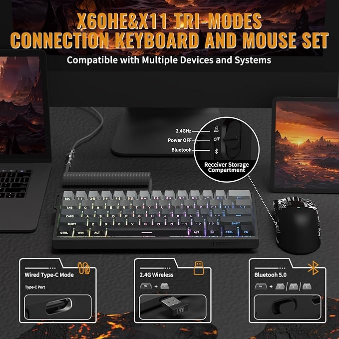 ATTACK SHARK X11&ampX60HE Mechanical Wireless Gaming ComboRapid Trigger Magnetic Switches 8K Keyboard59g Ultra-Light Mouse with Charging Dock 22K DPIPAW3311RGB Backlit 3-Mode with Coiled Cable-B
