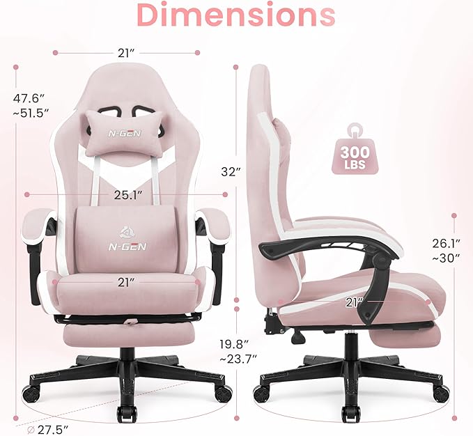N-GEN GAMING Video Gaming Chair with Footrest Lumbar Support for Home Office High Back Recliner Height Adjustable Ergonomic Comfy Fabric Computer Desk Chair (Pink)