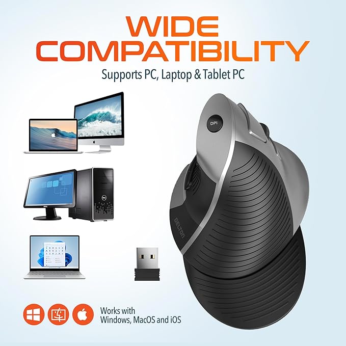 Delton S22 Vertical Wireless Mouse Ergonomic Design 2.4G USB Dongle 6 Buttons 3 Adjustable DPI Levels (800/1600/2400) Removable Palm Rest Silent Click &amp Durable for PC Laptop MacBook - Bla