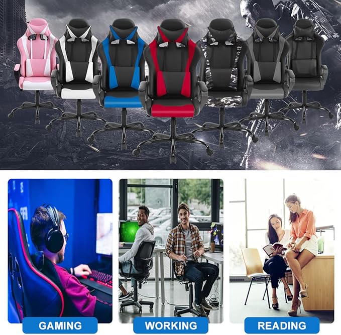 PC Gaming Chair Office Chair Racing Desk Chair with Lumbar Support Arms Headrest Massage High Back PU Leather Ergonomic Computer Chair Rolling Adjustable Swivel Chair for Women Men Adult Red