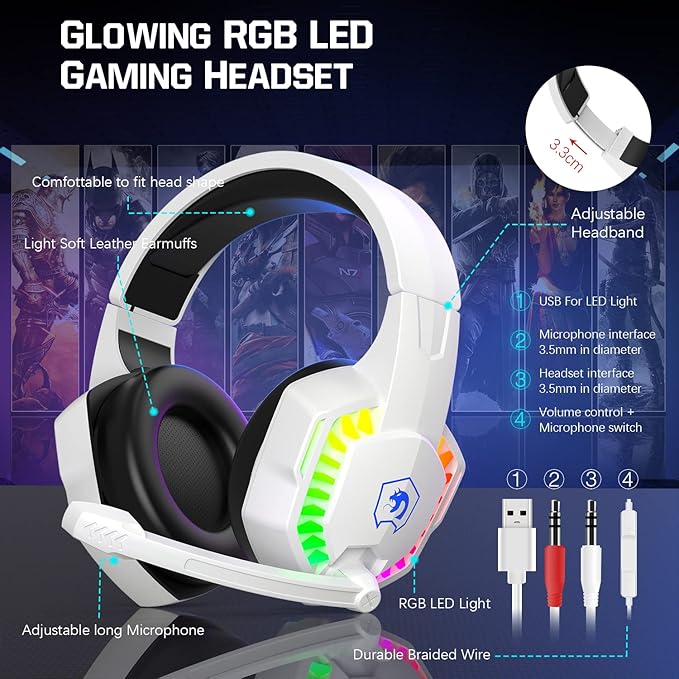 Wired Rainbow LED Backlit Keyboard and Mouse Over Ear Headphone with Mic Gaming Mice and Pad for PC Xbox and PS4 (White/Black)