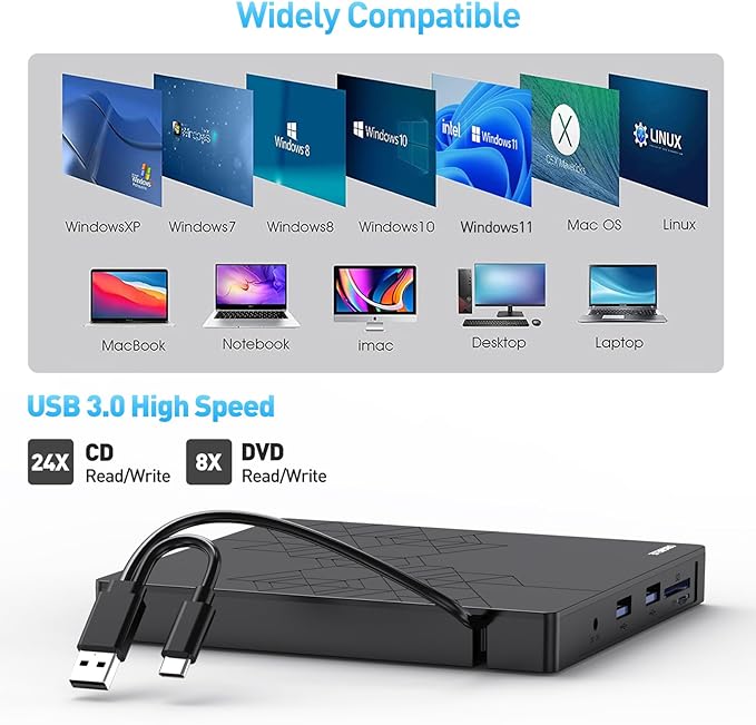 External CD DVD Drive CD Burner USB 3.0 with 2 USB Ports and 2 TF/SD Card Slots Optical Disk Drive for Laptop Mac PC Windows 11/10/8/7 Linux OS with Carrying Case