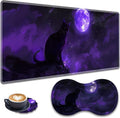 Large Gaming Mouse Pad + Wrist Rest + Lace Coaster Non-Slip Set with Sewn Edges and Waterproof Expandable Desktop Pad Suitable for Office/Home Black Cat and Purple Moon