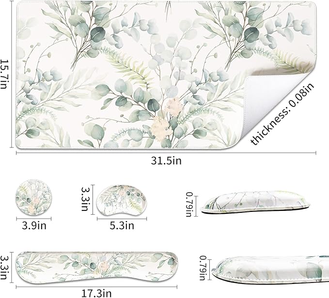 QIYI Leather Desk Mat Set 4-in-1 Large Mouse Pad with Wrist Rest Non-Slip Desk Pad + Keyboard Wrist Rest + Mouse Wrist Support + Coaster Office Desk Accessories Home Decor Supplies Eucalyptus Leaf