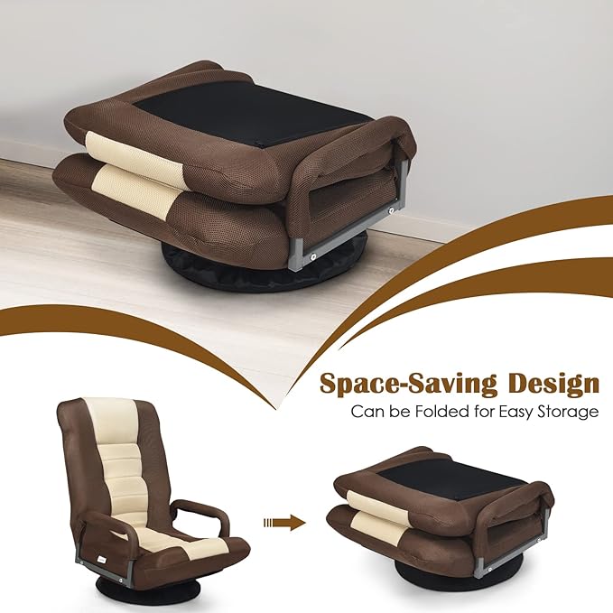 Giantex Floor Gaming Chair 360 Degree Swivel Floor Chair w/Armrests 6 Adjustable Position Padded Backrest Folding Floor Rocker for Games Lazy Sofa Lounger Brown/Beige