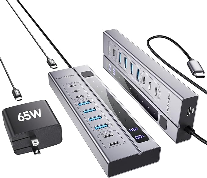 9 in 1 Powered USB C Hub USB 3.2 Data Hub with 65W PD Power Adapter 3 USB-C 10Gbps 4 USB-A 5Gbps 2 24/45W Type-C PD Charging Ports USB Hub