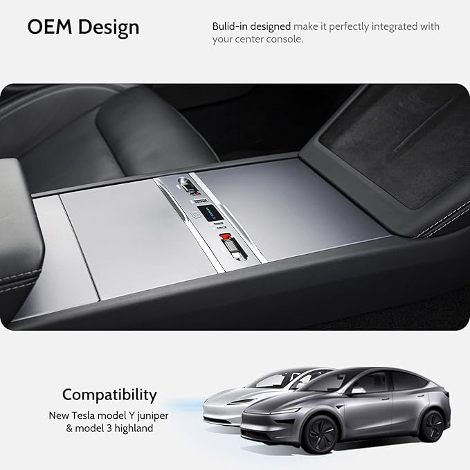 Max 132W Dual Type-C USB Hub Tesla New Model 3 Highland (2025/2024) Accessories 5 in 1 Fast Charger for iPhone 16/15 Series 2-Retractable Cable &amp 3-Port Docking Station