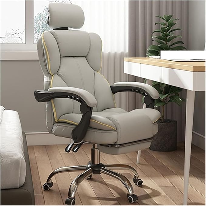 Computer Chair Household Office Chair Gaming Backrest Stool Scroll Wheel Pedal Headrest Latex Leather Rotatable Lifting Chair (Color : White B)