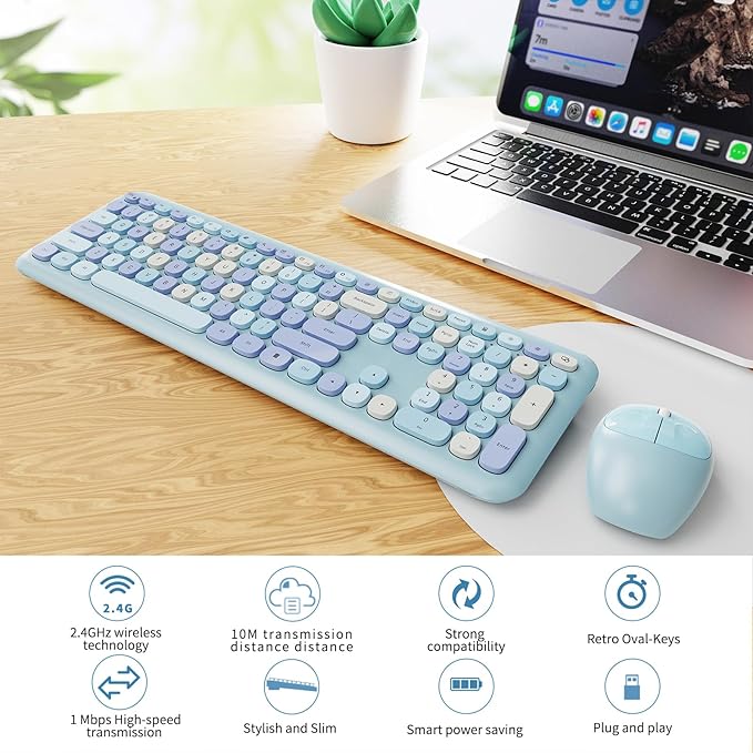 Wireless Keyboard and Mouse Combo Colorful Ergonomic Full Size Retro Low-Noise Keyboard with Cute keycaps Compatible with Windows PC Perfer for Home and Office Keyboards (Blue)