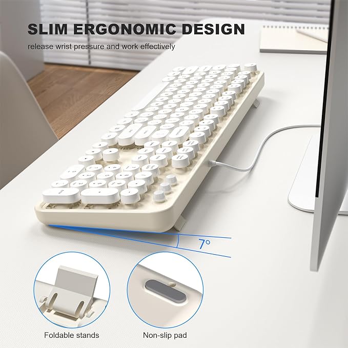 Computer Keyboard Wired Plug Play USB Retro Round Typewriter Keyboard Full Size Wired Keyboard with Foldable Stands for Laptop and Office PC
