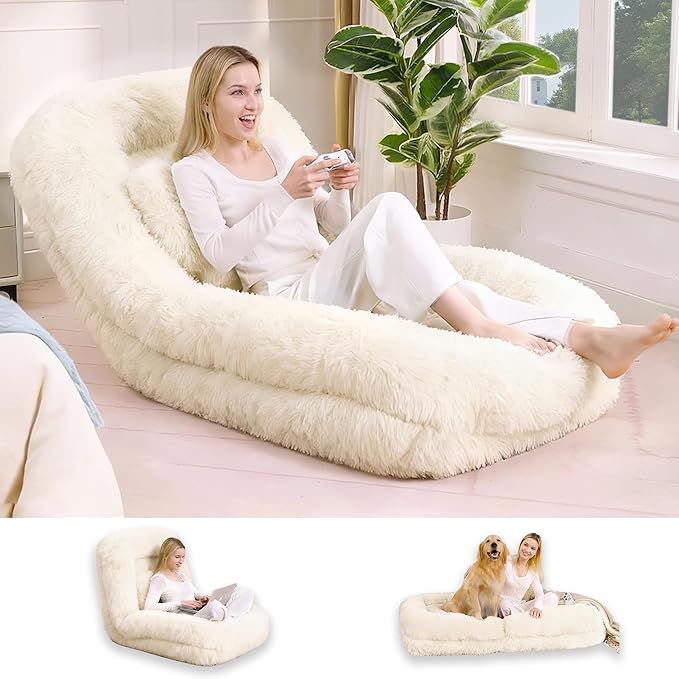 Floor Chair with Back Support Human Dog Bed with 5 Adjustable Position Convertible Lazy Floor Lounger Comfy Gaming Chair Plush Folding Sofa Bed for Adult Living Room Bedroom Cream Beige