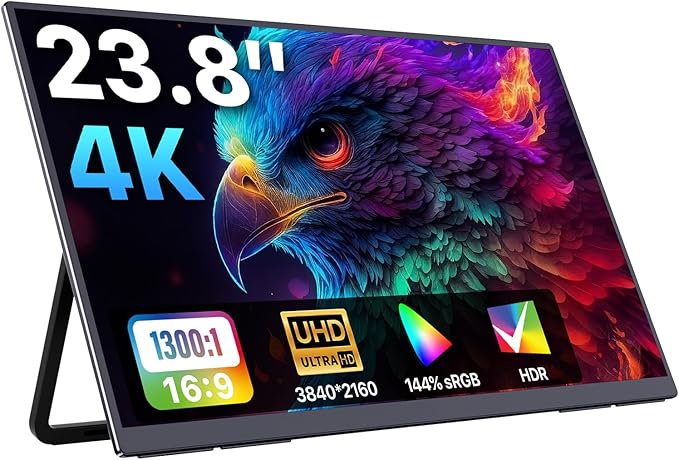 Portable Monitor 23.8 inch 4K 3840X2160 144% sRGB 60Hz HDR HDMI USB-C Travel Monitor for Laptop MacBook PC Surface PS5 Xbox Large External Display with Kickstand &amp Speakers VESA Compatible
