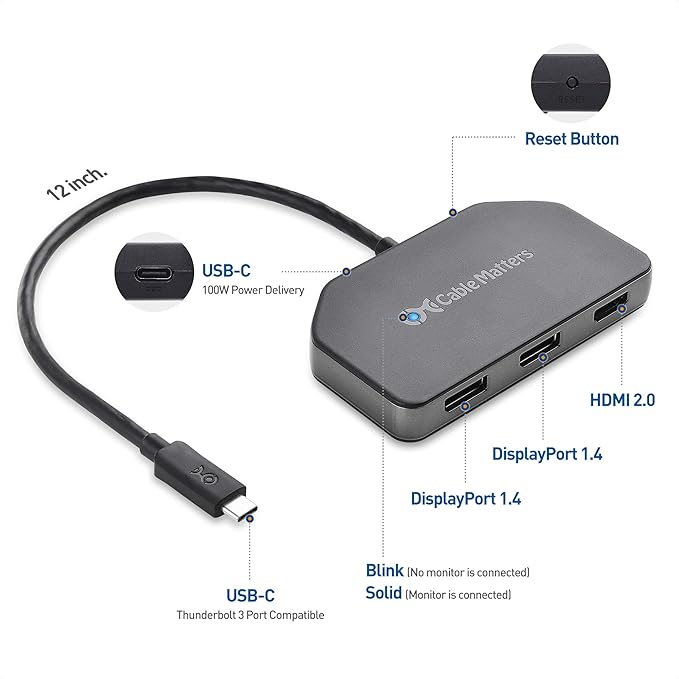 Cable Matters 4K Triple Display USB C Hub with 2X DisplayPort 1x HDMI and 100W Charging for Windows - DisplayPort 1.4 and DSC 1.2 Enabled for Triple 4K 60Hz Display - Not Compatible with Mac