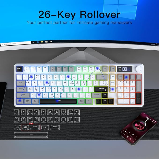 Wireless Gaming Keyboard with Smart Display &amp Knob Control Tri-Mode BT5.0/2.4GHz/Wired RGB Backlit Computer Keyboards with Number Pad 26-Key Rollover Compatible for Windows Mac