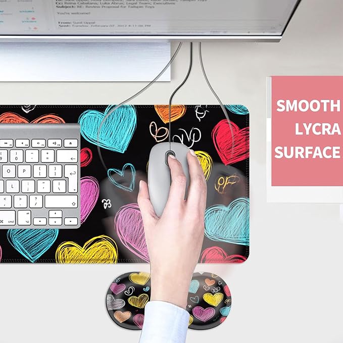 Mouse PadLarge Desk Mat Set 4in1 XL Mousepad + Keyboard Wrist Rest+Mouse Wrist Rest+Coaster with Ergonomic Desk Pad for Home Office Table Computer Cover -Colorful Chalk Drawn Hearts