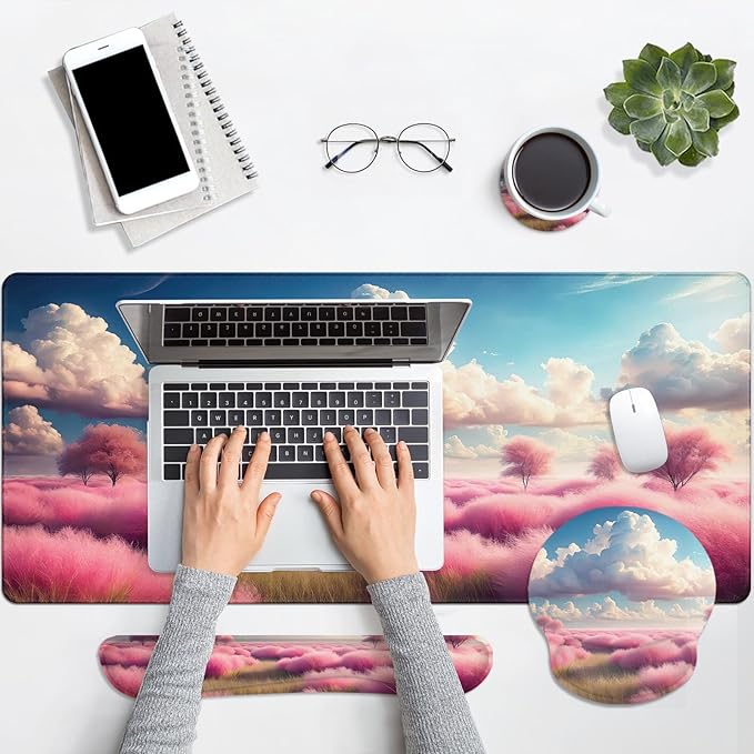 Britimes Dreamy Clouds Pink Plants Keyboard Mouse Pad Set 4in1 Large Mousepad+Keyboard Wrist Rest+Mouse Wrist Rest+Coaster Set with Ergonomic Design for Home Office Computer 35.4x15.7 inches