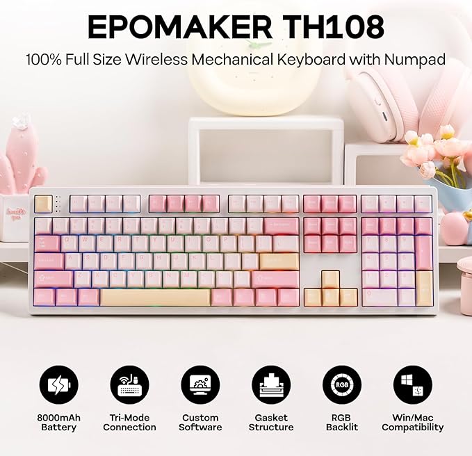 EPOMAKER TH108 Full Size Mechanical Keyboard Wireless Gaming Keyboard with 8000mAh Battery Creamy Gasket 108 Keys Hot Swap Custom Driver RGB Backlight (Pink Creamy Jade)