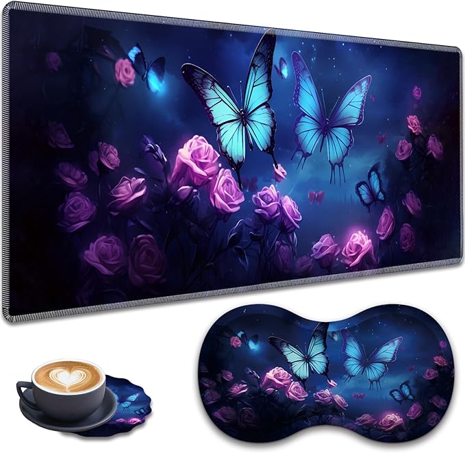 Mouse Pad Set Large Gaming Mouse Pad (31.5X 11.8 inches)+ Wrist Rest Pad + Coaster Ergonomic Wrist pad Home Office Desk Accessories Decor Supplies Starry Sky Butterflies and Purple Roses