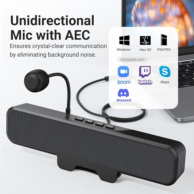 Computer Speakers with Microphone for Desktop PC USB Monitor Speakers with Clip Wired Laptop Sound Bar Stereo &amp Bass PC Speaker w/Mic for Meeting/Gaming/Online Learning Easily Clamps to Monit