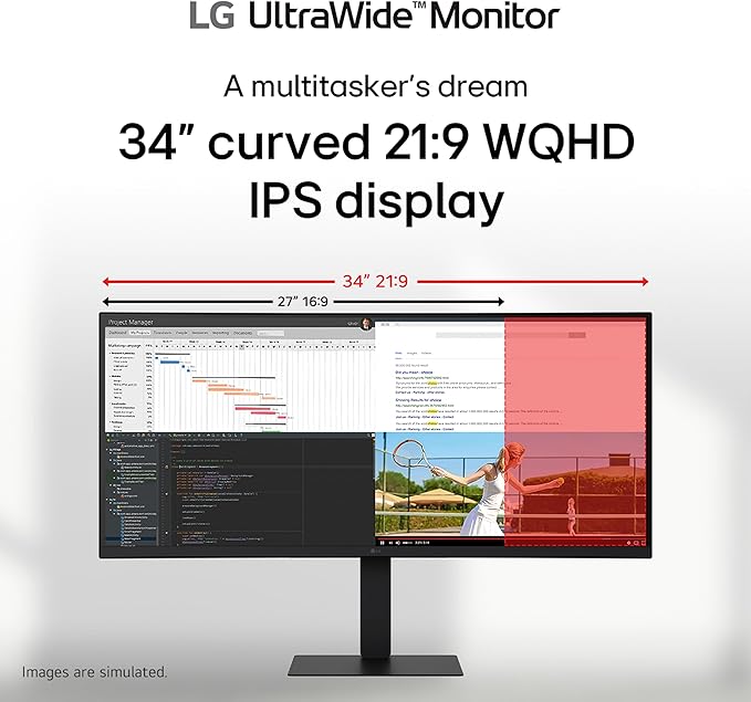 LG 34U650A-B 34-inch UltraWide WQHD (3440 x 1440) IPS Curved Wide Computer Monitor 100Hz HDR10 Built-in Speaker HDMI DisplayPort USB Type-C PD 96W Tilt/Height/Swivel Adjustable Stand Black