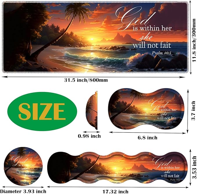 4 in 1 Mouse Pad Combo Large Gaming Mouse Pad + Keyboard Wrist Support + Mouse Wrist Rest + Coaster Table Pad with Stitched Edge Ergonomic Wrist Pad Set Twilight Beach Bible 46:5