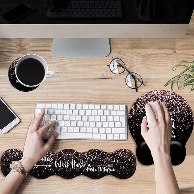 Keyboard Wrist Rest Pad and Ergonomic Mouse Pad Wrist Rest (with Coaster) Set Non-Slip Base &amp with Memory Foam for Easy Typing and Wrist Pain Relief - Stay Positive Work Hard and Make It Happen