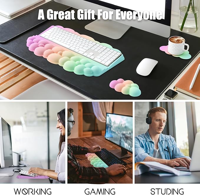 Ergonomic Wrist Rest for Keyboard Soft Memory Foam Cloud Keyboard Stand Pad with Wrist Rest Set with Non-Slip Silicone Base Easy Typing Pain Relief Comfort for Computer Laptop Mac - Rainbow