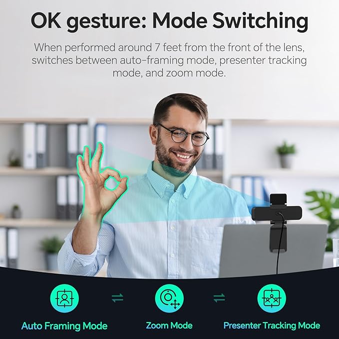 4K Webcam for PC &amp AI Presenter Tracking Gesture Control 95°/78°/65° FOV Plug &amp Play PC Camera with Privacy Cover for Laptop Zoom Teams