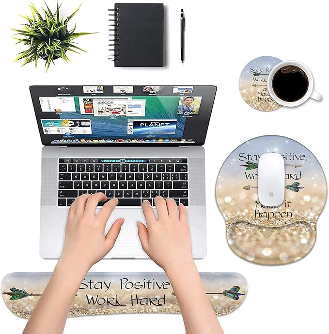 Keyboard Wrist Rest and Mouse Pad Wrist Support Set with CoastersStay Positive Work Hard and Make It Happen Inspirational Quote Wrist Mouse Pad with Non-Slip PU Base for Computer Laptop Home Office