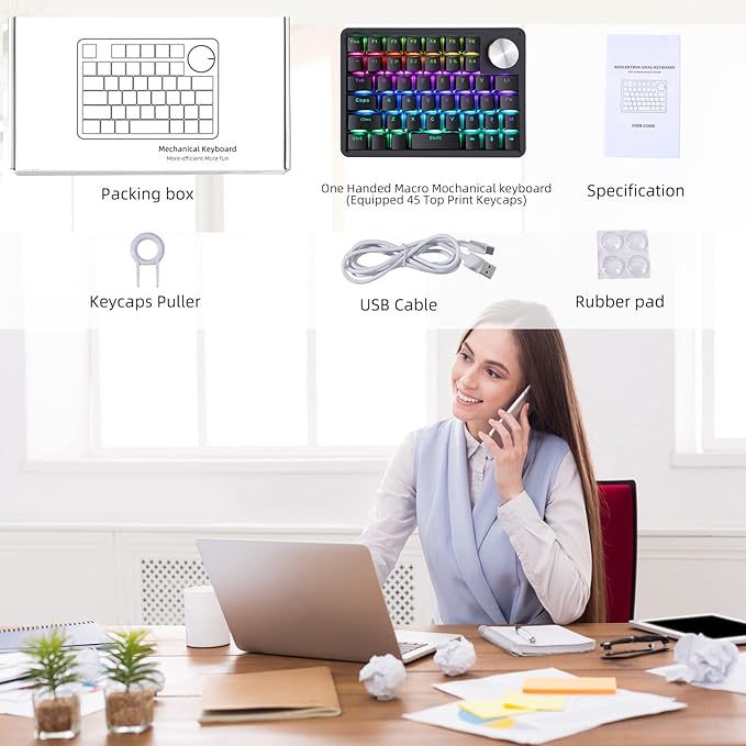 Koolertron One Handed Mechanical Gaming Keyboard 45-Key Fully Programmable Mini Keypad Mini USB Macro Keyboard with Rotating Knob RGB Backlit Red Switches for Windows PC Gamers