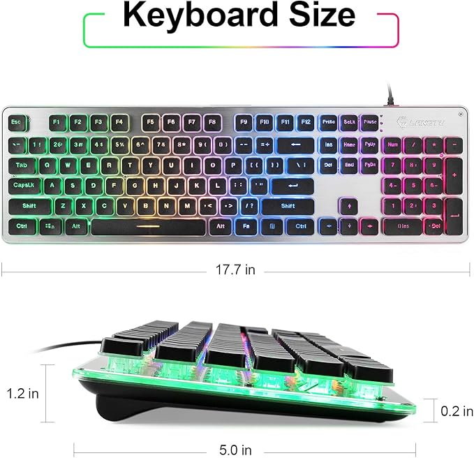 LANGTU Membrane Gaming Keyboard Colorful LED Backlit Quiet Keyboard for Study All-Metal Panel USB Wired 25 Keys Anti-ghosting Computer Keyboard 104 Keys - L1 Black/Silver…