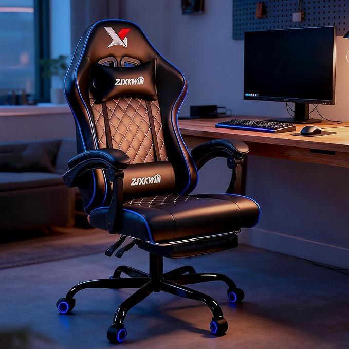 Vedio Gaming Chair with Footrest Lumbar Support for Home Office High Back Recliner Height Adjustable Ergonomic Comfy Leather Computer Desk ChairBlue