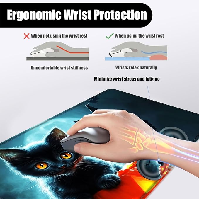 Mouse PadLarge Desk Mat Set 4in1 XL Mousepad + Keyboard Wrist Rest+Mouse Wrist Rest+Coaster with Ergonomic Desk Pad for Home Office Table Computer Cover -Halloween Kitten and Bats