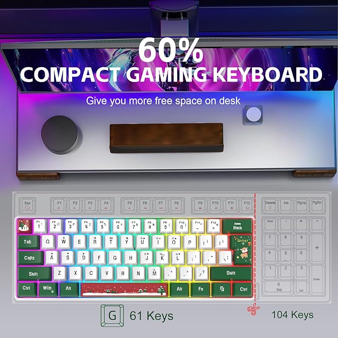 Snpurdiri 60% Wired Gaming Keyboard RGB Backlit Small Ultra-Compact 61 Keys 60 Percent Gaming Keyboard for PC/Mac Gamer Typist Travel Easy to Carry on Business Trip(Red Green White)