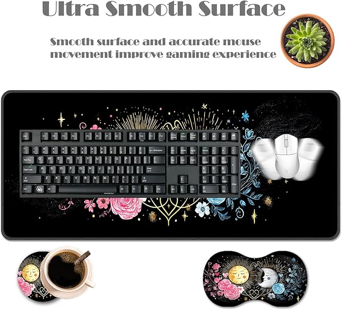 Ergonomic Keyboard Wrist Rest &amp Mouse Pad Wrist Rest SetXL Gaming Desk Mat 31.5x 11.8Non-Slip BaseMemory FoamEasy Typing Pain Relief for Office &amp HomeSun and Moon