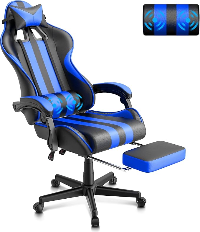 Ferghana Blue Gaming Chairs with Footrest PC Gaming Chairs for Adults Teens Racing Style Luxurious Comfort Waterproof PU Leather