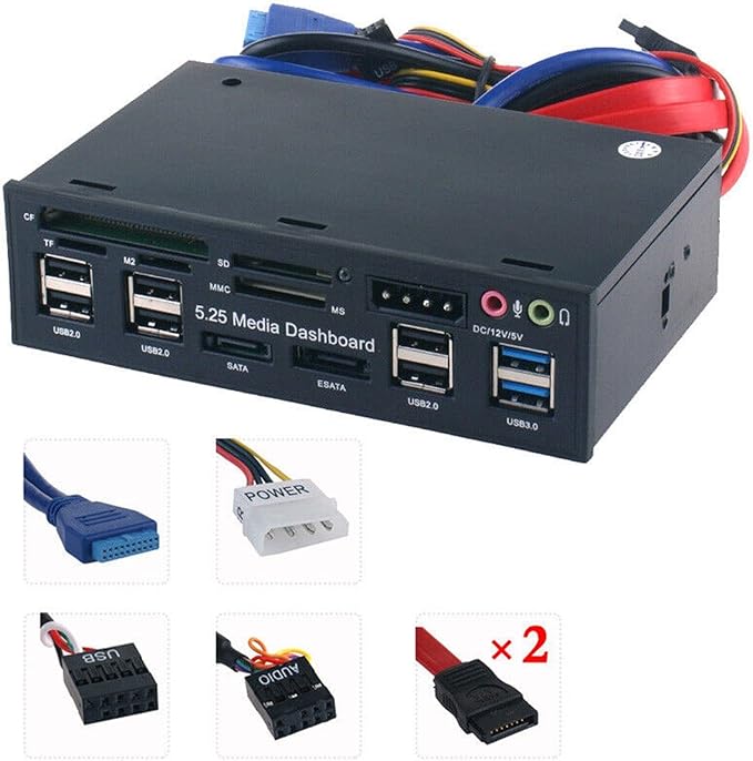 DAGIJIRD 5.25'' PC Front Panel Dashboard Multifunctional Hub USB 3.0 Card Reader Media Dashboard Front Panel Kit