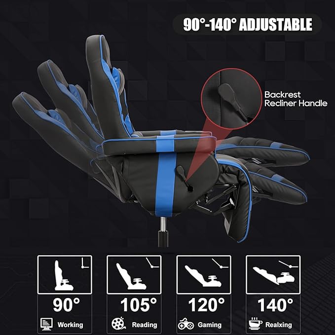 Gaming Chair Reclining Gaming Chair with Footrest PU Leather Game Chair Recliner with Massage Swivel Recliner Gaming Chairs for Adults with Cup Holder Lumbar Support Side Pouch (Blue)