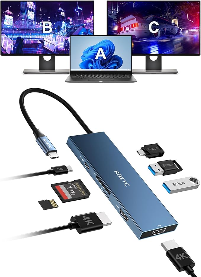 USB C Docking Station Dual HDMI 4K@60Hz 8-in-1 USB C Hub 2 HDMI USBC 3.0 2xUSB-A 3.0 SD/TF 100W PD Laptop Docking Station Dual Monitor Compatible with HP Dell