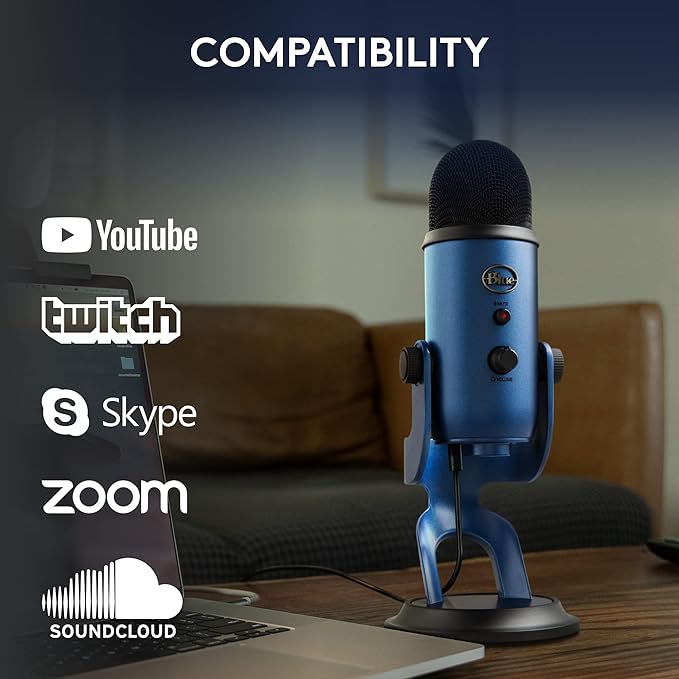 Logitech Creators Blue Yeti USB Microphone for PC Mac Gaming Streaming Podcasting Studio and Computer Condenser Mic with Blue VO!CE Effects 4 Pickup Patterns Plug and Play - Midnight Blue