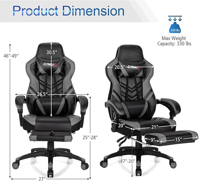 GYMAX Gaming Chair Ergonomic Computer Chair with Footrest Linkage Armrests &amp Lumbar Cushion Big Wide High Back Video Gaming Chair Reclining Office Rolling Chair for Adult/Teens (Gray)