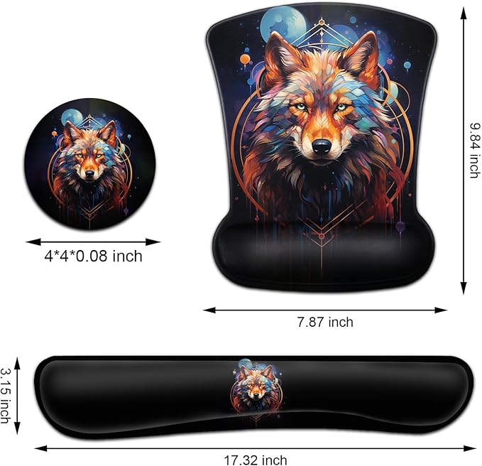 Keyboard Wrist Rest and Mouse Pad Wrist Support Set Ergonomic Gel Mouse Pad Wrist Rest with Non-Slip Base for Home Office Desk Pad Easy Typing Nebula Wolf Pattern Black Gaming Mouse Mat