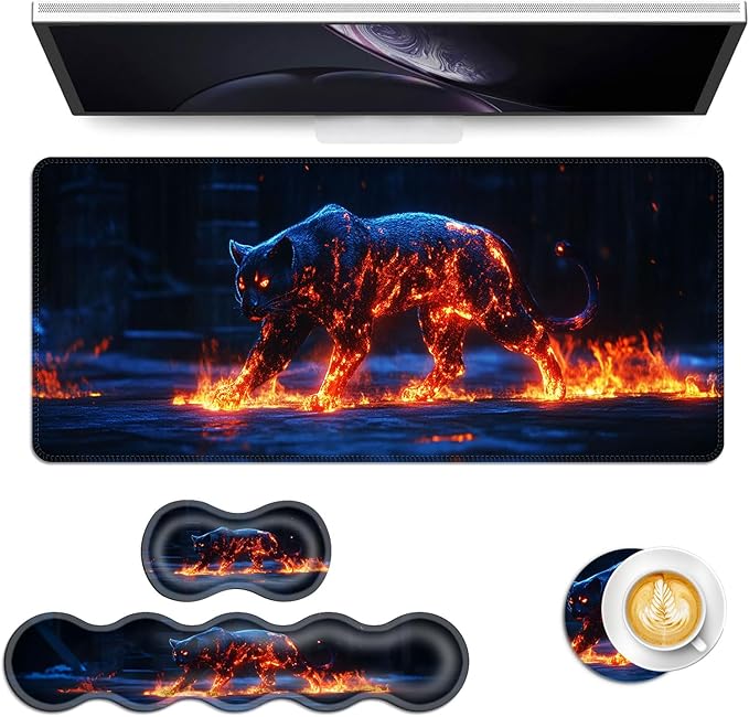 Keyboard Mouse Pad Set Extended Gaming Mouse Pad+Ergonomics Keyboard Wrist Rest Support Memory Foam Easy Typing Pain Relief 4Pcs XL Ultra Thick Desk MatGlowing Fire Leopard