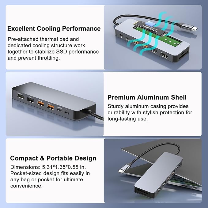 USB C Docking Station with M.2 NVMe SSD Enclosure 10Gbps 9 in 1 USB-C Hub Type C SSD Slot with 4K@60Hz HDMI USB 3.2 Gen2 PD100W SD/TF Card Reader Laptop Docking Station for Dell/HP/Lenovo/Mac