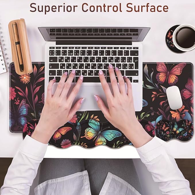Large Gaming Table Pad 31.5 x 11.8 + Keyboard Wrist Pad + Mouse Wrist Pad + Coaster Non-Slip Base 4-in-1 Set Ergonomic Memory Foam Easy Typing Pain Relief Colorful Butterfly Moon Pattern Black