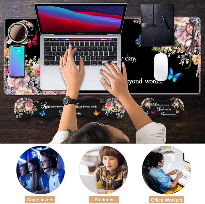 Ergonomic Keyboard Wrist Rest &amp Mouse Pad Wrist Rest Set Large XXL Gaming Desk Mat 31.5x 11.8 with Memory Foam Easy Typing Pain Relief for Office &amp Home Floral Quote Live Laugh Love