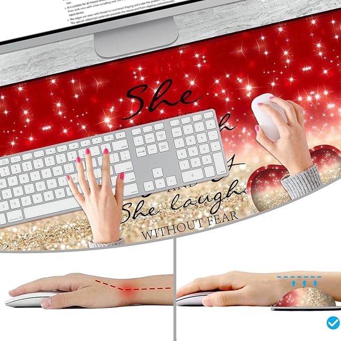 TCG Gaming Pad + Wrist Pad Set MTG Play Mat Office Mouse Pad 24 x 14 Table Mat Edge Stitched Non-Slip Base - Red Glitter Quote Proverbs 31-25