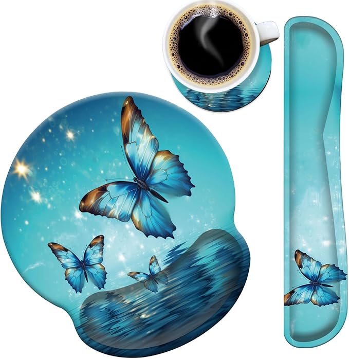 Mouse Pad Wrist Support and Keyboard Wrist Rest with CoasterNon-Slip Rubber Base Ergonomic Gaming Mousepad for Home Office Working Studying Easy Typing &amp Pain ReliefBlue Magic Butterfly Over Wat
