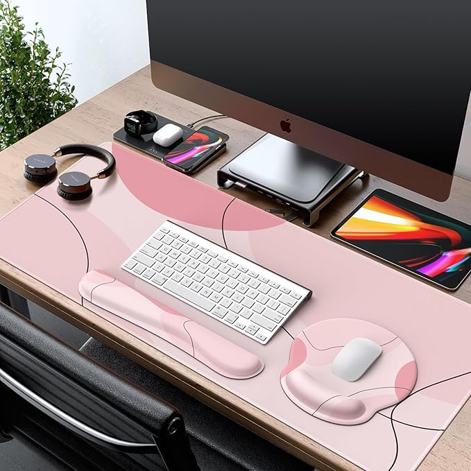 iCasso Large Gaming Mouse Pad Wrist Support Set Desk Mat 4in1 XXL Mousepad + Keyboard Wrist Rest+Mouse Wrist Rest+Coaster Set with Ergonomic Design for Home Office Table Computer-Pink Art